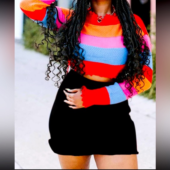 💋Rainbow Striped Knit 🧶 Half Turtleneck Crop Sweater - Picture 6 of 7